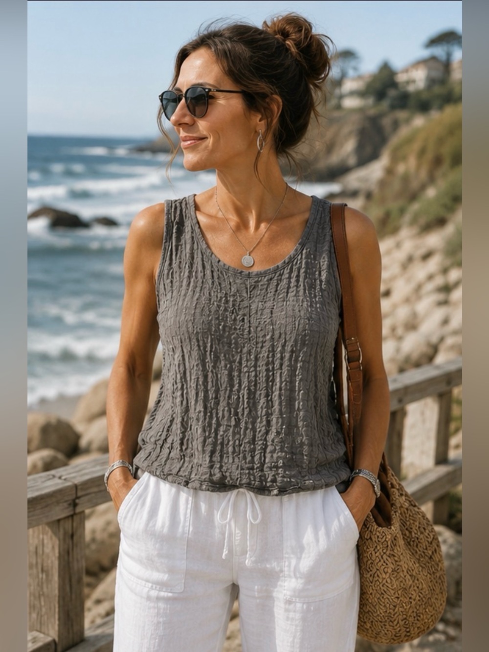 Vintage CP Shades Sausalito Crinkle Textured Sleeveless Tank Top Gray Large